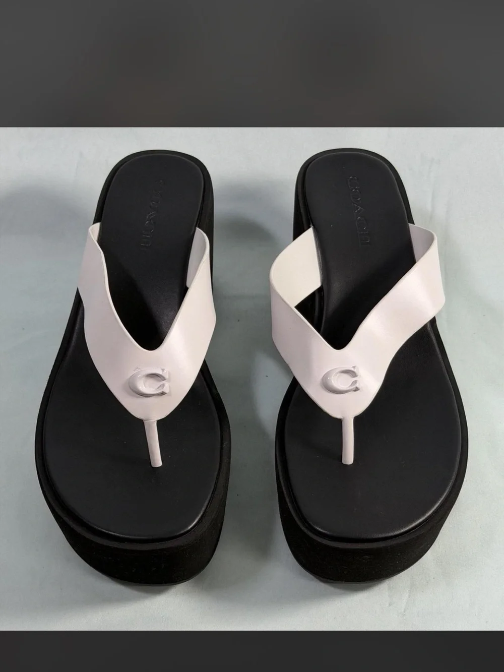 Coach Black Platform Thong Sandals with White Straps